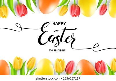 Happy Easter card with eggs, tulips and calligraphy.