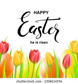 Happy Easter card with eggs, tulips and calligraphy. 