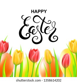 Happy Easter card with eggs, tulips and calligraphy. 