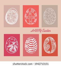 Happy Easter card. Ethnic patterns of hand painted eggs. Colors of 2021. White lines on pink background