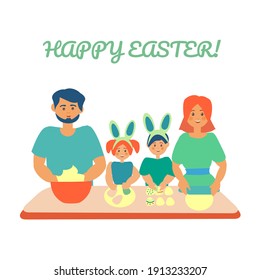 Happy Easter Card Family Baking Easter Cookies Flat Vector Illustration