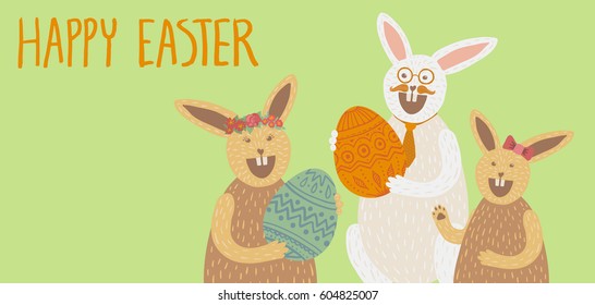 Happy Easter card. Family of cute bunnies holding decorated eggs, laughing, wearing red hair bow, flower crown, glasses, mustache, neck tie. Hand drawn lettering. Green background. Horizontal DL size