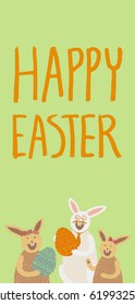 Happy Easter card. Family of cute bunnies holding decorated eggs, laughing, wearing hair bow, flower crown, glasses, mustache, neck tie. Hand drawn lettering. Green background. Vertical DL size.
