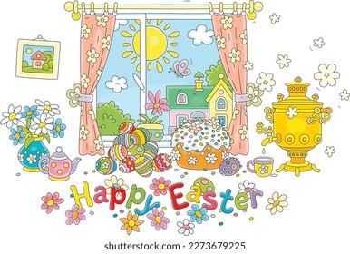 Happy Easter card with a fancy cake surrounded by decorated gift eggs, colorful flowers and an old samovar in front of a window with a sunny spring landscape, vector cartoon illustration