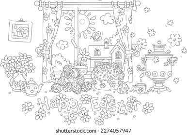 Happy Easter card with a fancy cake surrounded by decorated gift eggs, spring flowers and an old samovar in front of a window with a sunny landscape, black and white vector cartoon