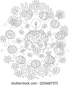 Happy Easter card with a fancy sweet cake and a burning candle, decorated gift eggs, garden flowers and merrily fluttering butterflies, black and white vector cartoon illustration