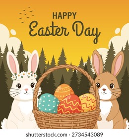 Happy Easter Card Featuring Cute Rabbits and a Basket of Eggs in Pine Forest Background