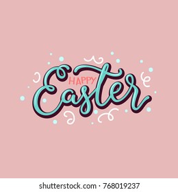 Happy Easter card. Festive cute pastel image for Easter celebration. Confetti and egg decorations. Hand drawn typographic text. Modern lettering vector illustration. 3d text quote for lovely Easter