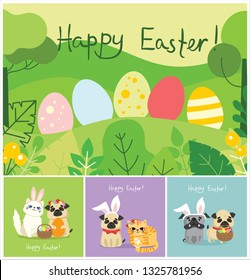 Happy Easter card in the flat design. Vector illustration of easter eggs in the nature view and with cute puppy dogs and cats with rabbit ears, spring flower, eggs and hand drawn text - Happy Easter
