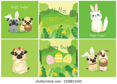 Happy Easter card in the flat design. Vector illustration of easter eggs in the nature view and with cute puppy dogs and cats with rabbit ears, spring flower, eggs and hand drawn text