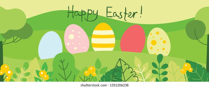 Happy Easter card in the flat design  Vector illustration easter eggs in the nature view    hand drawn text