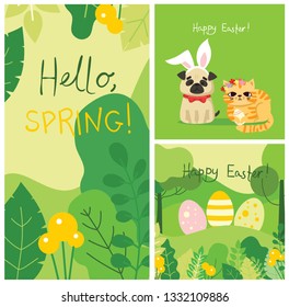 Happy Easter card in the flat design. Vector illustration of easter eggs on the nature view and with cute puppy dogs and cats with rabbit ears, spring flower, eggs and hand drawn text 