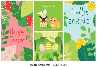 Happy Easter card in the flat design. Vector illustration of easter eggs in the nature view and with cute puppy dogs and cats with rabbit ears, spring flower, eggs 