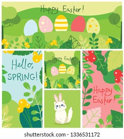 Happy Easter card in the flat design. Vector illustration of easter eggs on the nature view and with cute puppy dogs and cats with rabbit ears, spring flower, eggs and hand drawn text