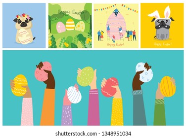 Happy Easter card in the flat design. Vector illustration of easter eggs on the nature view and with cute puppy dogs and cats with rabbit ears, spring flower, eggs and hand drawn text