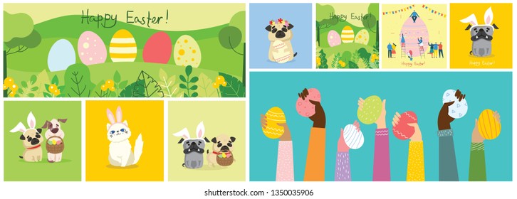Happy Easter card in the flat design. Vector illustration of easter eggs on the nature view and with cute puppy dogs and cats with rabbit ears, spring flower, eggs and hand drawn text 