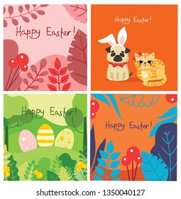 Happy Easter card in the flat design. Vector illustration of easter eggs on the nature view and with cute puppy dogs and cats with rabbit ears, spring flower, eggs and hand drawn text 
