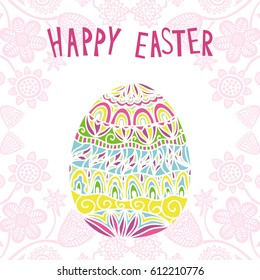 Happy Easter card with floral frame. Vector illustration.