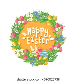 Happy Easter card with Flower wreath, rabbit and eggs. Vector colorful illustration isolated on white. Happy Easter greeting card.