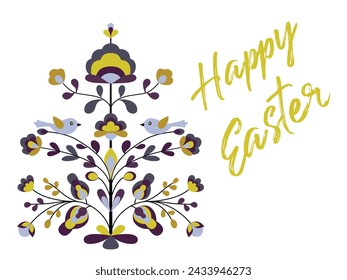Happy Easter card with flowers and birds on tree of life. Blooming life tree, chicken, spring flowers. Ethnic style floral zoomorphic ornament. Abstract spring blossom on sprout. Holiday card