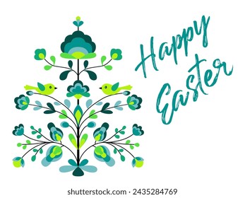Happy Easter card with flowers and birds on tree of life. Blooming life tree, chicken, spring blossom. Ethnic style floral zoomorphic ornament. Abstract spring blossom on twigs. Easter plant