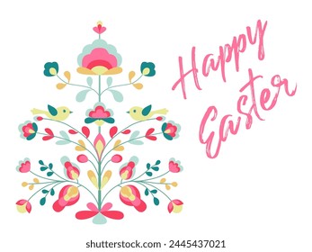 Happy Easter card with flowers and birds on tree of life. Blooming life tree, chicken, spring flowers. Folk style floral zoomorphic ornament. Abstract spring blossom on sprout. Easter banner