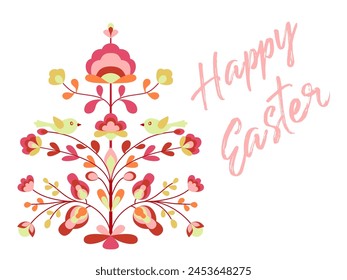 Happy Easter card with flowers and birds on tree of life. Blooming life tree, chicken, spring blossom. Ethnic style floral zoomorphic ornament. Abstract spring blossom on branches. Holiday card