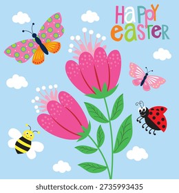Happy easter card with flowers, butterfly, bee and lady bug