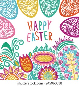 Happy easter card with flowers and eggs vector illustration