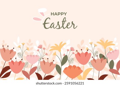 Happy Easter. Easter card with flowers in flat vector style. Colorful Flowers