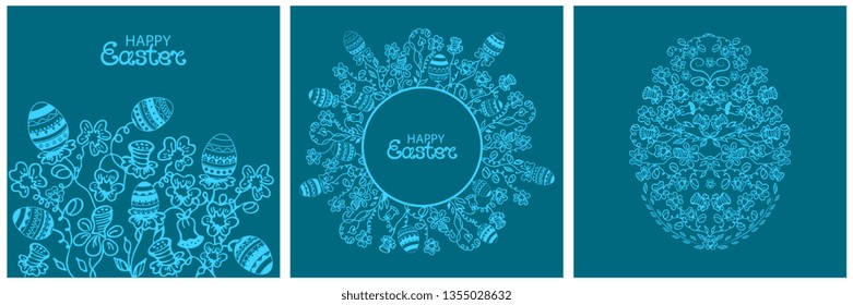 Happy Easter card flowers and paschal eggs. Round floral frame in doodle style.