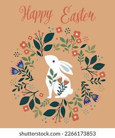 Happy Easter card with flowers and rabbits.