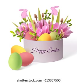 Happy Easter card with flowers in round, pink box. Isolated vector illustration on white background.