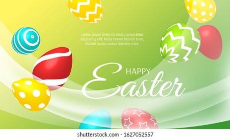 Happy Easter card with flying decorated eggs and transparent white waves on the green background. Vector illustration for card, postcard, poster, flyer, banner, sale, commercial.
