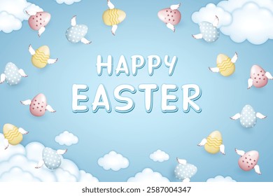 Happy Easter card, flying Easter eggs with wings on a soft blue background with fluffy clouds, vector eazy to edit illustration