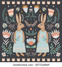 Happy Easter card in folk art style. Rabbit or bunny in a dress, and floral motifs. Spring illustration.