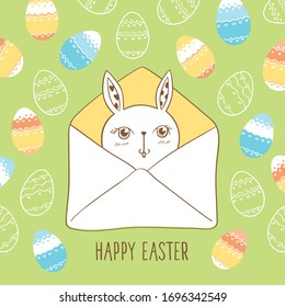 Happy Easter card. Funny bunny in envelope. Green background with decorative eggs. Vector illustration.
