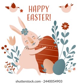 Happy Easter card with funny bunny and eggs on white background. Easter egg hunt. Vector illustration