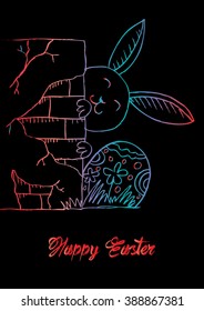 Happy Easter Card With Funny Bunny. Hand drawing illustration.