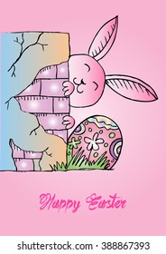 Happy Easter Card With Funny Bunny. Hand drawing illustration.