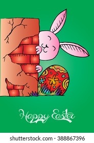 Happy Easter Card With Funny Bunny. Hand drawing illustration.