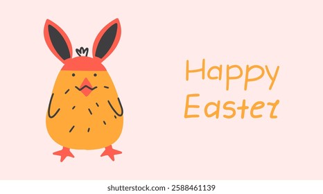 Happy Easter card with funny cartoon chick. Vector design. 