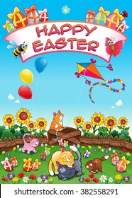 Happy Easter card with funny cats and eggs. Vector cartoon illustration
