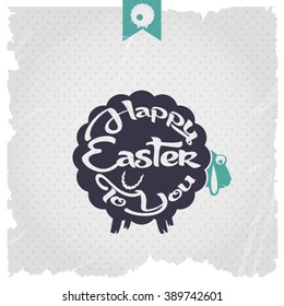 Happy Easter card with funny sheep illustration.