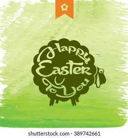 Happy Easter card with funny sheep illustration with green painted background.