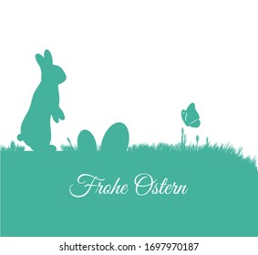 Happy Easter card in german Frohe Ostern con silueta conejita sobre césped y huevos vectorial ilustración de estilo plano. Fondo de Semana Santa para el diseño