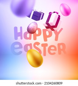 Happy Easter card. Gift boxes and eggs falling down. Levitation effect