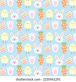 Happy easter card or gift wrap with bunny, chicken, carrot and egg pattern