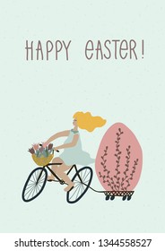 Happy Easter card with girl on bike with easter egg, vector, hand drawn