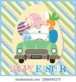 Happy easter card with gnome, eggs and carrot on the car